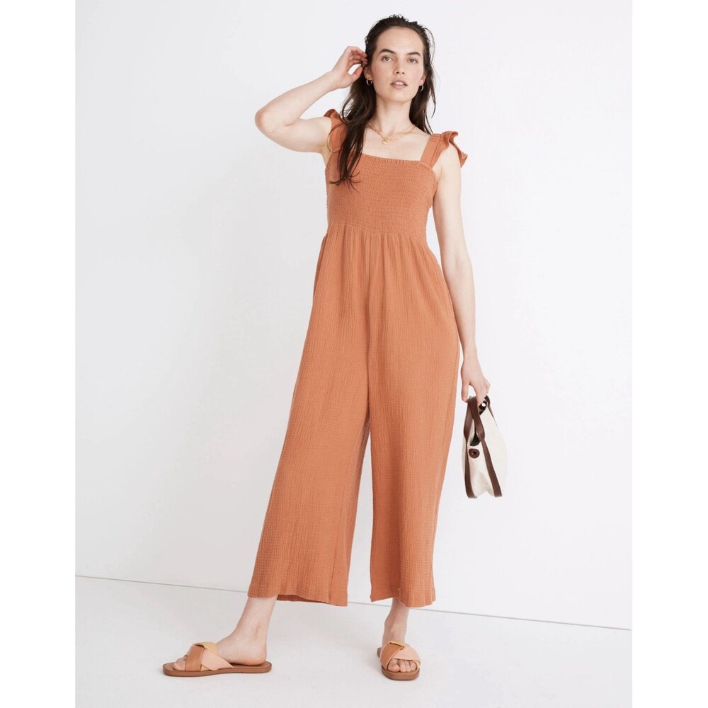 Madewell Lightspun Lucie Jumpsuit 00 Orange Flutter Sleeve Wide‎ Leg Gauze